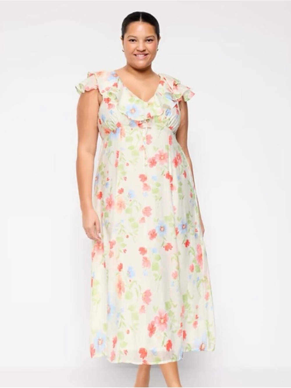 Old Navy Floral Ruffle Maxi Dress — Cream with Pink & Blue Flowers